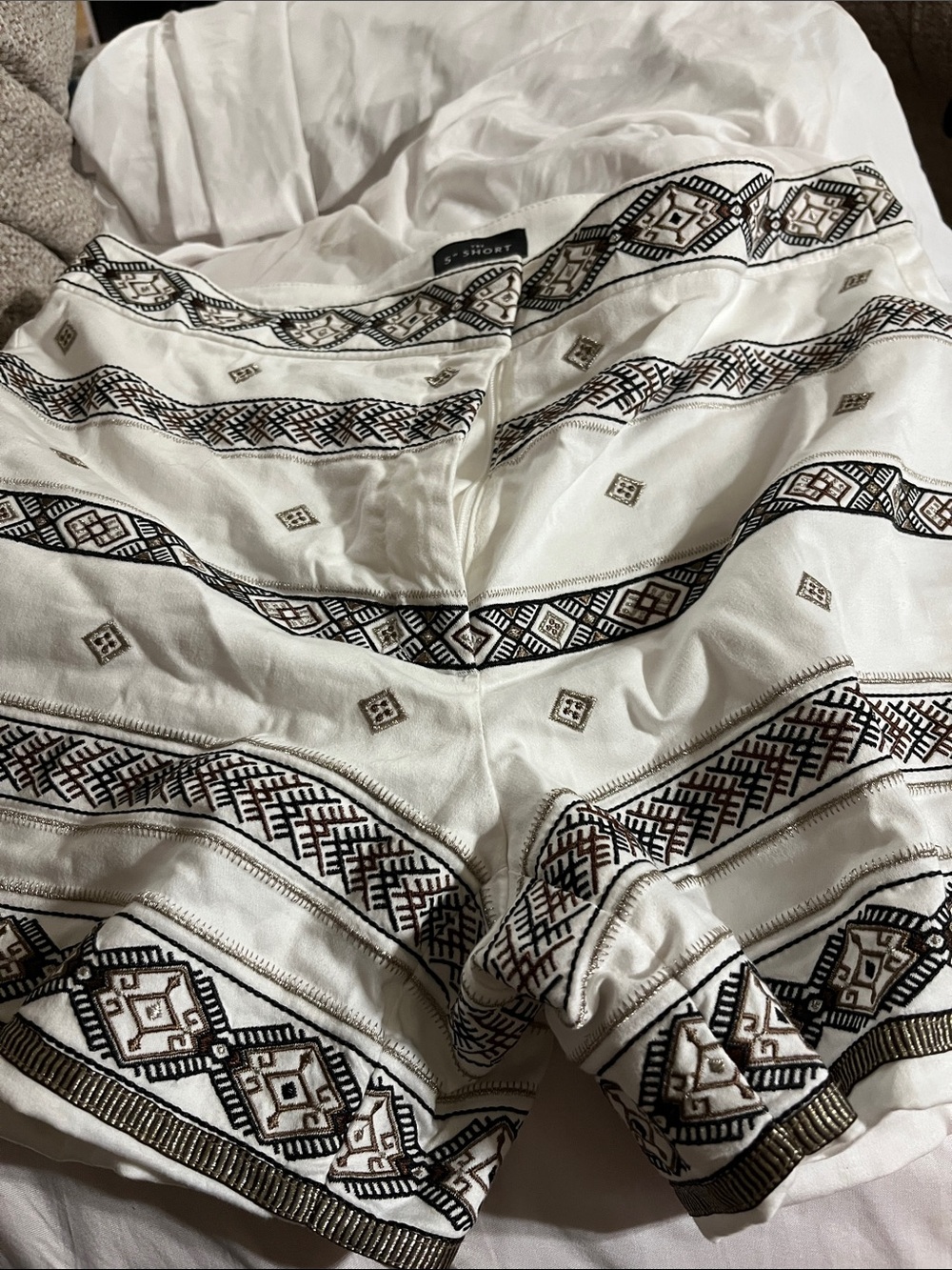 White Embroidered Women's Bermuda Shorts with Geometric Trim